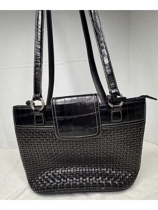 Brighton Handbags - Brighton Black Leather Classic Tote Bag Basket Weave Front Panel Croc Trim